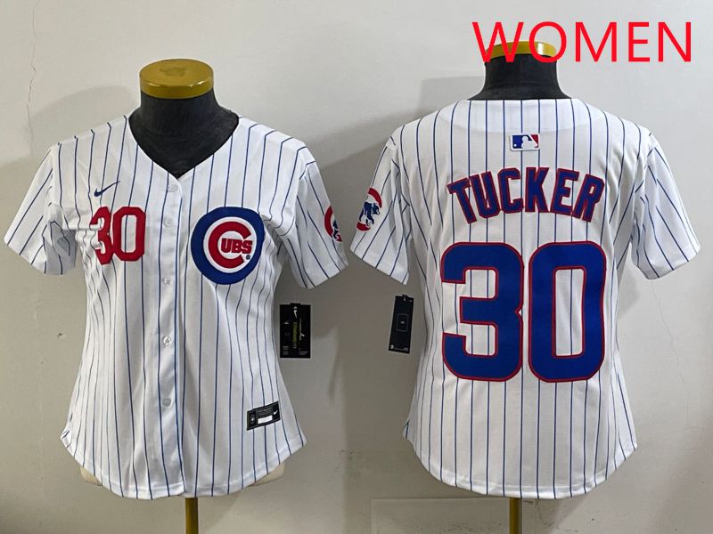 Women 2025 Chicago Cubs 30 Tucker White Stripe Game Nike MLB Jersey style 3